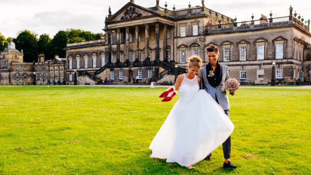 Two brides arriving at a wedding at Wentworth Woodhouse