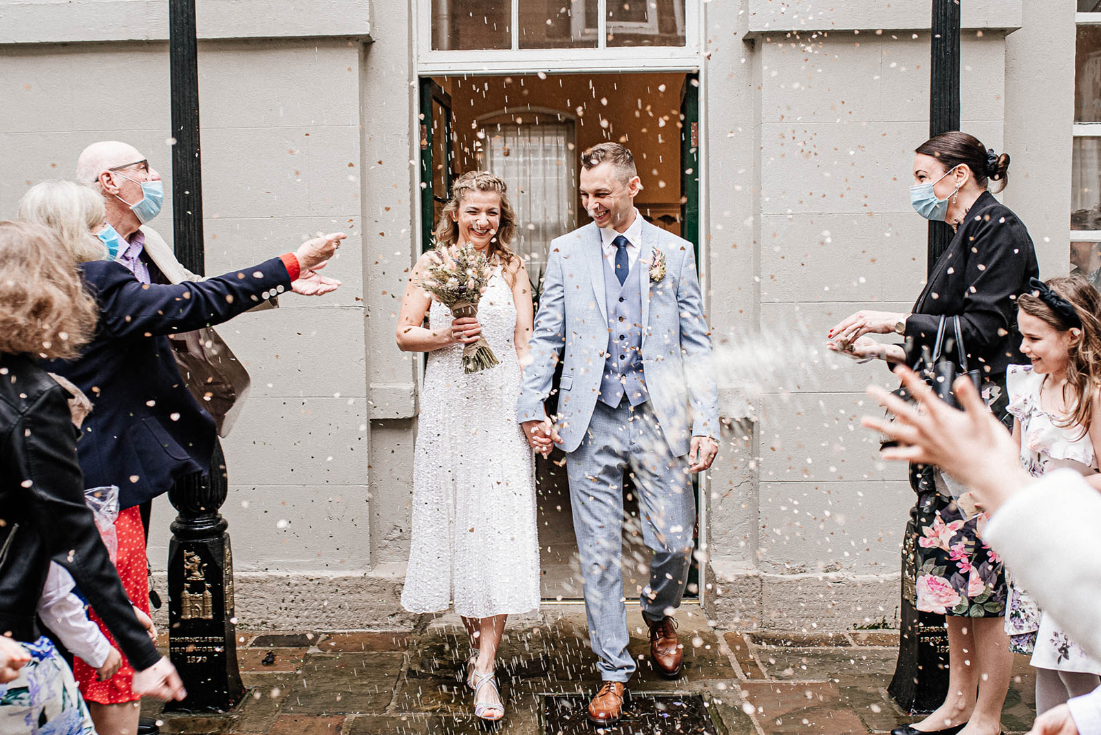 Confetti thrown at newly married bride and groom at Priory Place in Doncaster